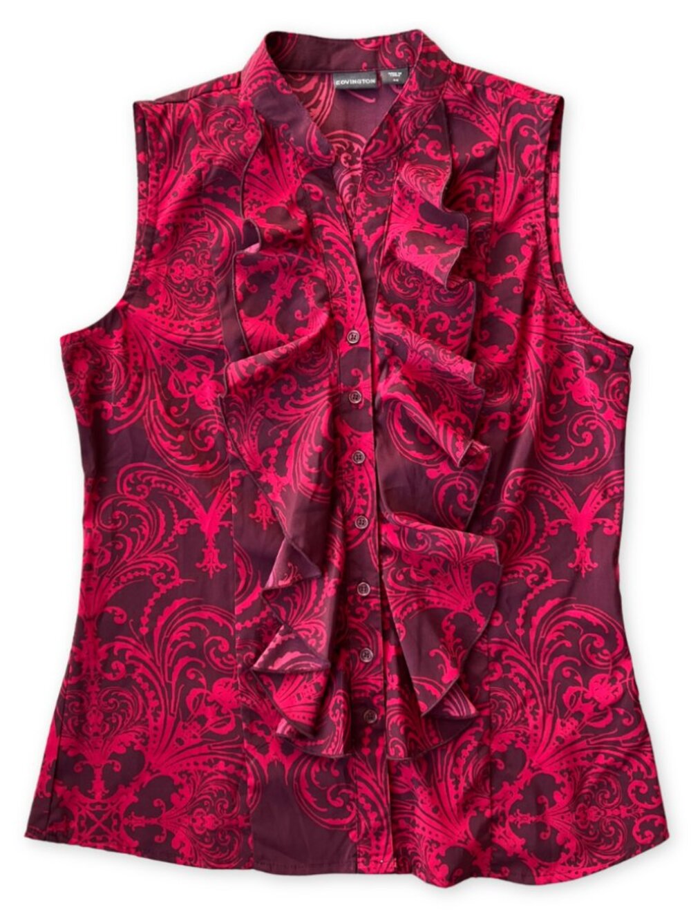 Covington Red Burgundy Damask Ruffle Front Sleeveless Blouse Top S/C